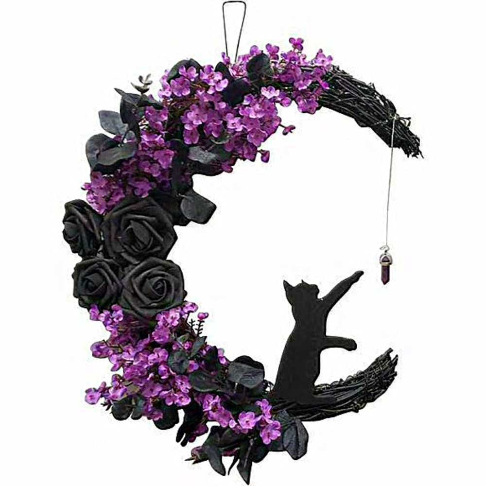 \Halloween Moon Wreath with‎ Black Cat Horror Decorations for Home Party